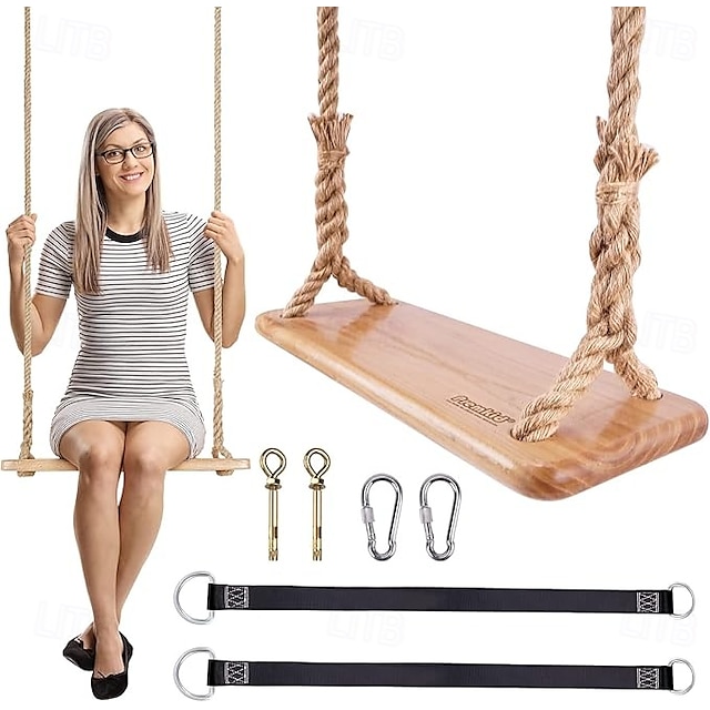  Dřevěná závěsná houpačka o rozměrech 24 x 8 x 1,2 palce pro dospělé a děti o hmotnosti 500 liber, nastavitelné konopné lano a stromová hra o délce 147 palců