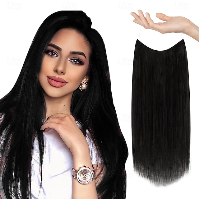  Extension per capelli con filo invisibile, veri capelli umani, 20 pollici - 50 g, 22 pollici - 80 g, clip-in con filo da pesca trasparente nero corvino, extension per capelli umani da donna