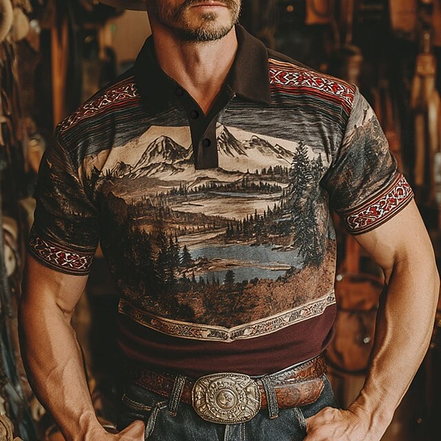 Men's Tree Mountain Polo Short Sleeve Polo Shirts Collared Shirts Western Style Outdoor Athleisure Daily Wear 3D Print Summer Brown4