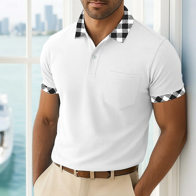 Men's Golf Shirt Pique Polo Shirt Business Casual Turndown Short Sleeve Fashion Basic Solid Color Color Block Buttons Summer Spring Spring &  Fall Regular Fit White Golf Shirt4
