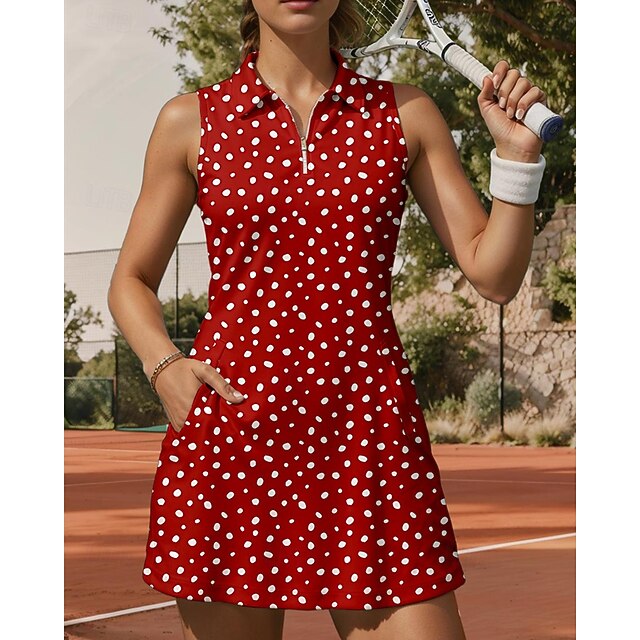 Women's Dot Tennis Dress Sports Dress Sleeveless Print Breathable Tennis Golf Badminton Polo Collar Zip Collar Dress Red Tennis Clothing4