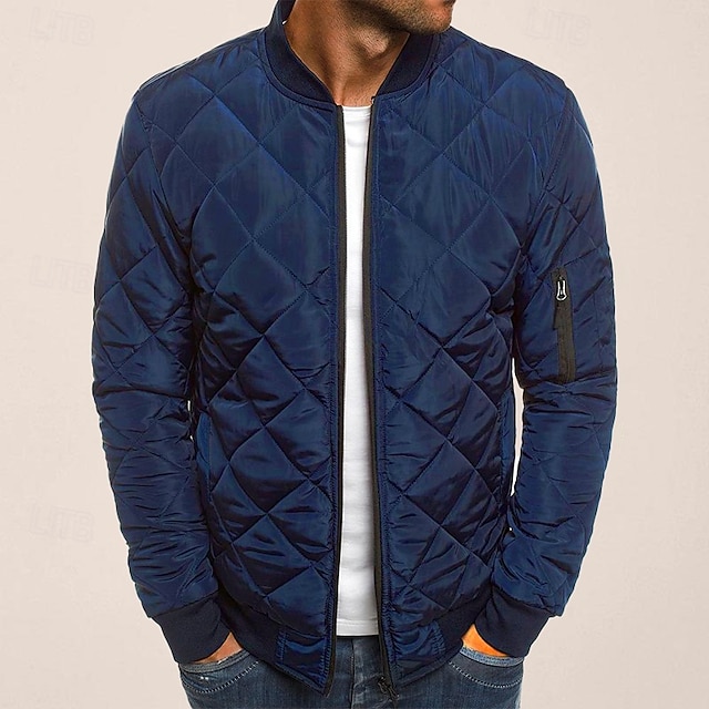  Men's Bomber Quilted Jacket Diamond Padded Jacket Winter Outdoor Chunky Varsity Flight Windproof Warm Trench Coat Top Quilted Seams Cotton Outwear Overcoat Full Zipper Camping Hiking Hunting Fishing