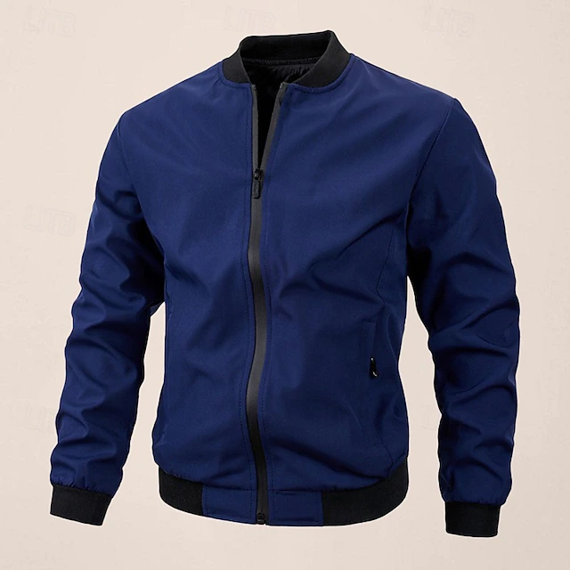 Men's Bomber Jacket Transition Jacket Going out Windbreaker Pocket Spring & Fall Plain Classic Stand Collar Regular Black Dark Blue Gray Jacket 15