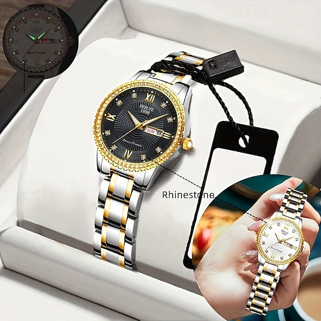  o novo relógio de quartzo luminoso com pulseira de aço com calendário duplo incrustado de diamantes para senhora é um relógio de pulso esportivo simples e versátil