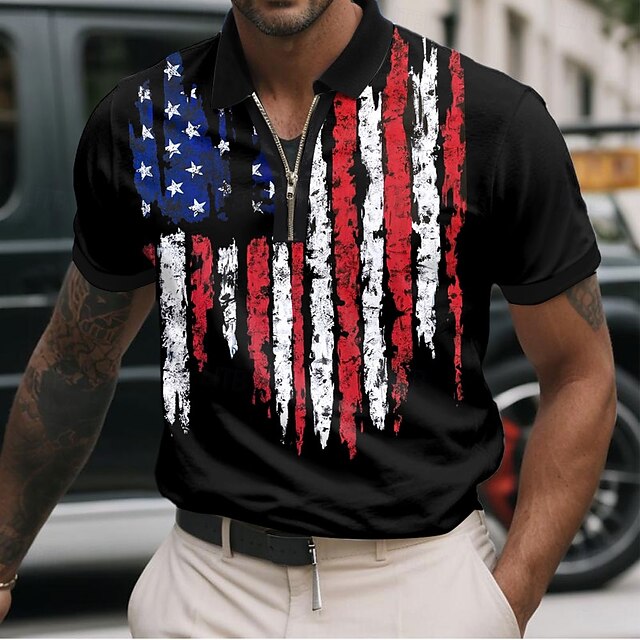 Independence Day Men's American US Flag Zip Polo Short Sleeve Polo Shirts Turndown Casual Daily Casual Zip Up 3D Print Summer Black4