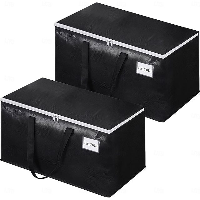 2-pack verhuisdozen met handvatten, extra grote, stevige, opvouwbare, geweven opbergtassen voor kleding, beddengoed, reizen, kofferbak, zwarte organizertassen met rits