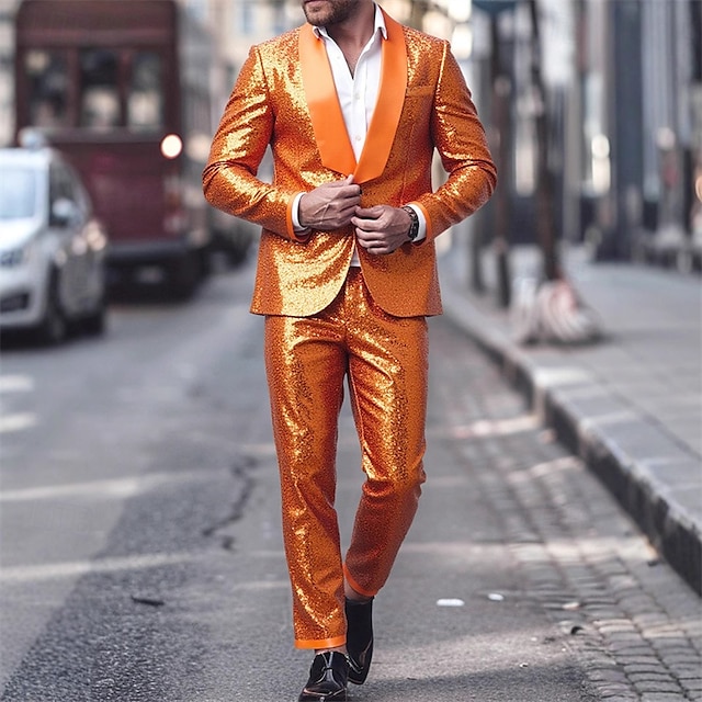  Homme Ensemble Blazer Scène Fête de mariage Fête / Cocktail Mode Occasionnel Printemps Automne Polyester Uni Boutons Avec Poches Confortable Simple Boutonnage veste Orange
