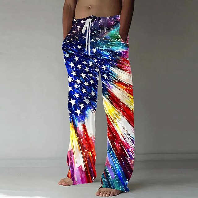 Independence Day Men's American US Flag Patriotic Trousers Baggy Pants Casual Pants Mid Waist Casual Holiday Streetwear Drawstring Elastic Waist Wide Leg Summer Spring 3D Print Blue4