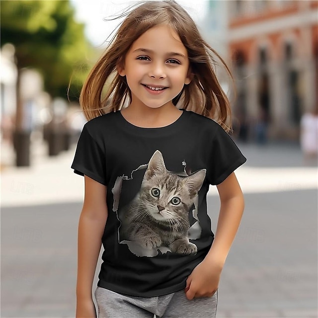  Pige 3D Kat T-shirt Kortærmet Sommer Forår Mode Basale Børn 4-12 år Rund hals udendørs Afslappet Daglig Regulær