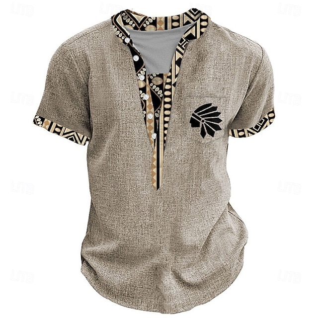  Pánské Etno Geleneksel Tričko Tričko Henley Trička Krátký rukáv Designové Základní Geleneksel Venkovní Ležérní Denní Léto Žlutá Světle zelená Khaki Henley Tričko Henley