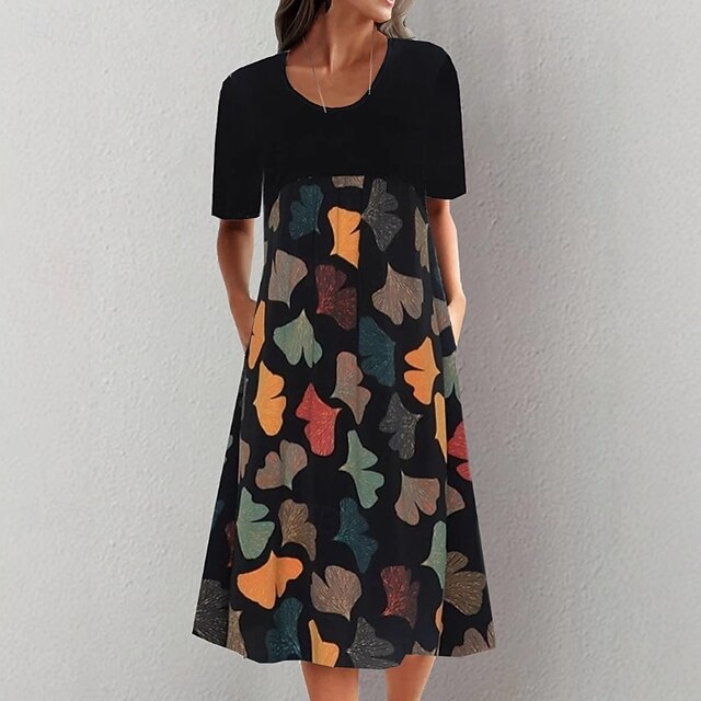 Women's Midi Dress Print Dress Classic Outdoor Vacation Going out Regular Fit Flower Short Sleeve Crew Neck Black Summer4
