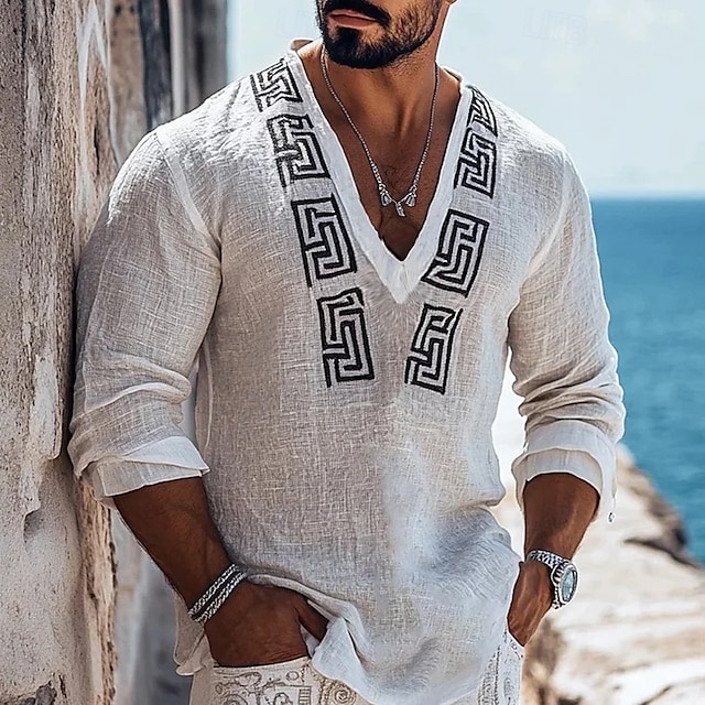  Herren Hemd Leinenhemd Popover-Hemd Sommerhemd Strandbekleidung Ethno-Hemd Geometrisch Urlaub Ferien Weiß Langarm V Ausschnitt Sommer Frühling Bekleidung