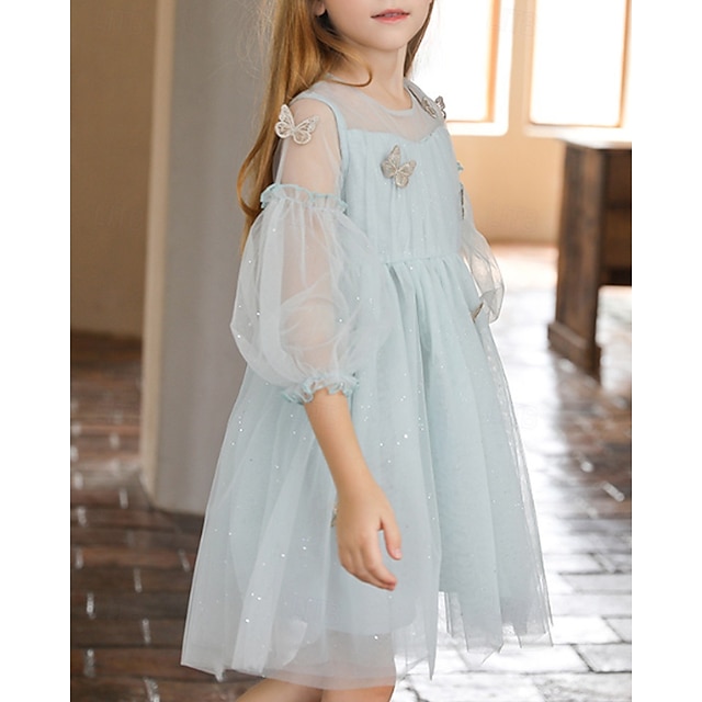  Enfants Fille Robe Couleur Unie Manche 3/4 Extérieur Maille Adorable Coton Mi-long Robe Décontractée Robe en Tulle Été 4 ans et + Bleu Ciel
