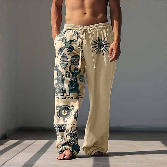  Per uomo Stampe Grafiche Pantaloni di Lino Pantaloni Larghi Misura del girovita medio Stile Etnico Casuale Coulisse Elastico in vita Tasca Frontale Primavera & Estate Nero Blu Cachi