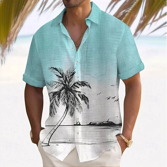Men's Coconut Tree Tropical Plants Summer Hawaiian Shirt Button Up Shirt Aloha Shirt Short Sleeve Hawaiian Vacation Holiday Beach Wear Summer Turndown 3D Print Front One Pocket Linen Like Shirt Blue4