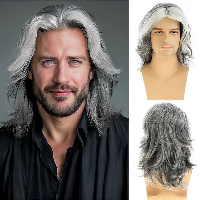  Herrenperücke grau lang glatt synthetische hitzebeständige Kostüm Cosplay Haarperücke