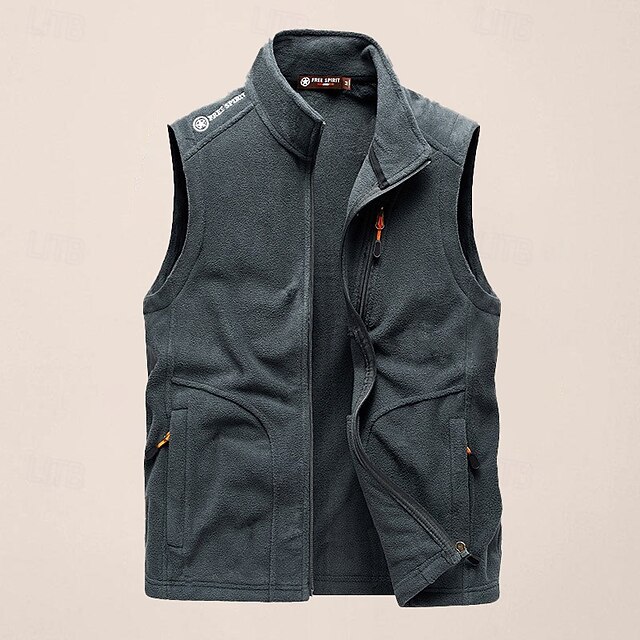 Men's Fishing Vest Daily Casual Fall & Winter Pocket Fleece Polyester Thermal Warm Plain Zipper Stand Collar Regular Fit Black Army Green Dark Blue Dark Gray Vest 12