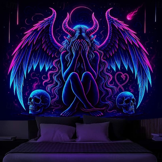  Musta valo verho Hohtava pimeässä Hohtava juhla UV-reaktiiviset demonit psykedeelinen sumu riippuva verho seinätaide mural olohuoneeseen makuuhuoneeseen