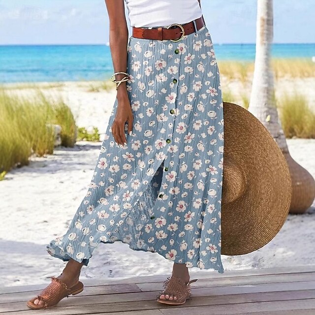 Women's Skirt Casual Boho Maxi Mid Rise Skirts Floral Print Split Ends Micro-elastic Street Going out Sky Blue Summer Polyester4