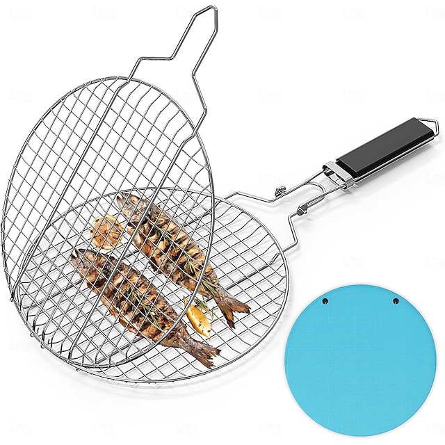  Round Portable BBQ Grill Basket, Stainless Steel Fish Grill Rack with Removable Secure Locking Handle, Grill Accessories for Outdoor Grill Vegetables Fishes Shrimp