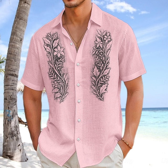  Voor heren Overhemd Linnen overhemd Zomer overhemd Strand Kleding Overhemd met knopen Effen Kleur Vakantie Curise Zwart Wit Blozend Roze Marineblauw Korte mouw Kraag Zomer Lente zomer Kleding