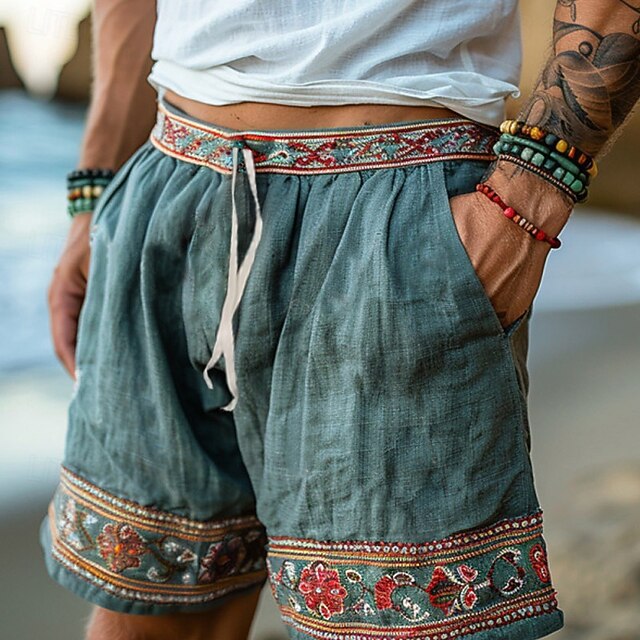 Men's Shorts Linen Shorts Summer Shorts Beach Shorts Drawstring Patchwork Elastic Waist Plain Comfort Breathable Knee Length Casual Daily Holiday Vacation Hawaiian Green2