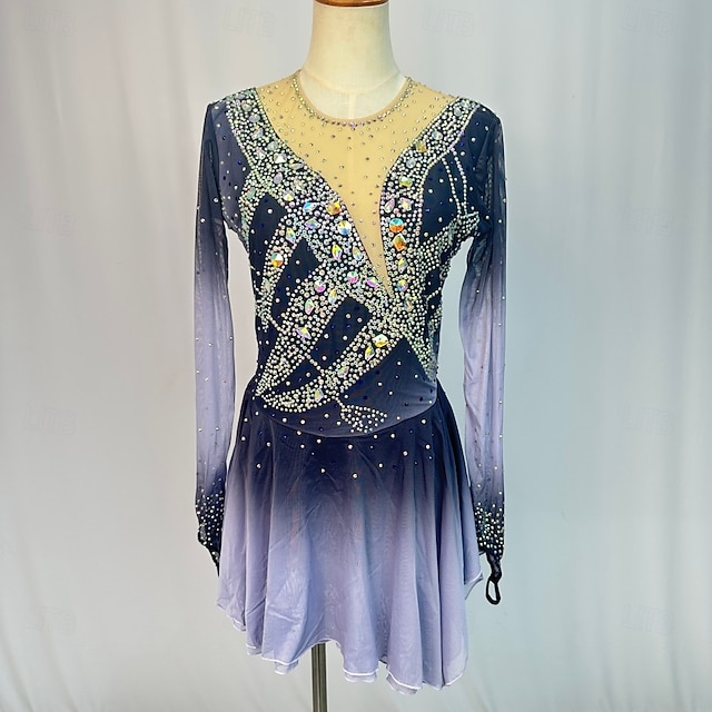  Figure Skating Dress Women's Girls' Ice Skating Dress Outfits Light Yellow Lake Blue Yellow Mesh Spandex High Elasticity Training Competition Skating Wear Patchwork Crystal / Rhinestone Long Sleeve