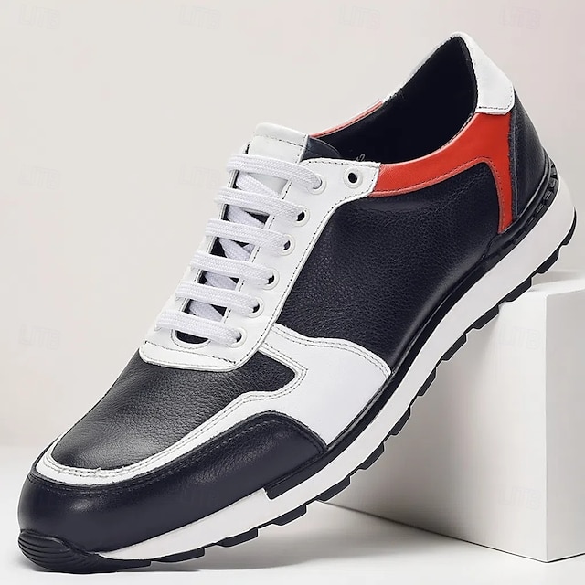  Men's Premium Leather Sneakers – Stylish Lace-Up Running Shoes with Red and White Accents for Sports, Travel and Everyday Wear