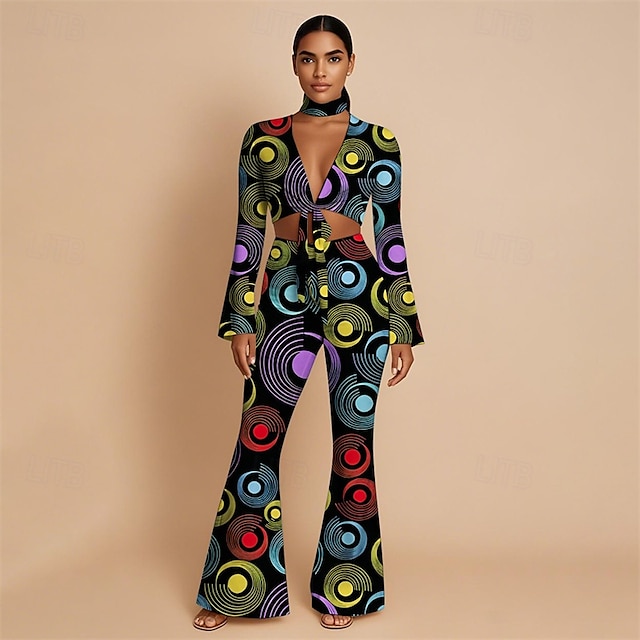  Rétro Vintage Années 1970 Groovy Ensemble pantalon évasé noué sur le devant Hippie Disco Géométrique Psychédélique Femmes Halloween Carnaval Vacances Festival de Musique Festival Adulte Haut Pantalon