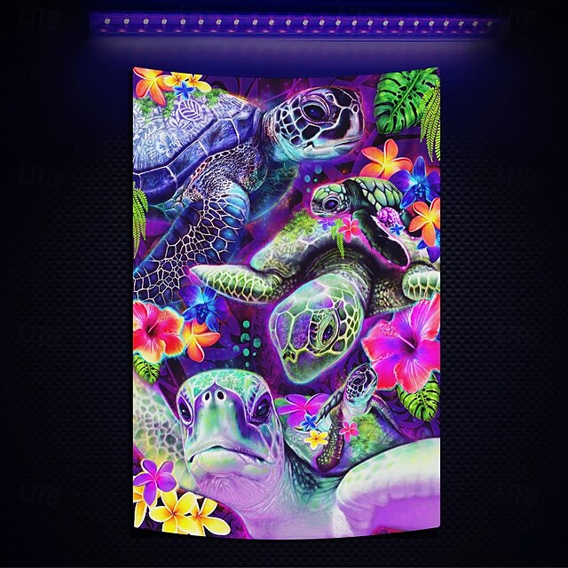  Sheena Pike mustanvalokehys matto hohtoa pimeässä juhlan UV-herkkä trippy sumu riippuva matto seinätaide mural olohuoneeseen makuuhuoneeseen päivän uni merikilpikonnat