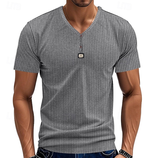 Men's T Shirt Henley Shirt Tee Short Sleeve Shirt Short Sleeve V Neck Summer Plain Fashion Designer Basic Jacquard Vacation Street Going out Black White Khaki Top Tee for Men