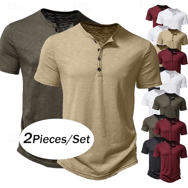  2er-Pack Herren-T-Shirt, Henley-Shirt, kurzärmlig, einfarbig, Designer, Basic, modern, zeitgenössisch, Knöpfe, einfarbig, Henley, Urlaub, Straße, lässig, Sommer, Henley-T-Shirt
