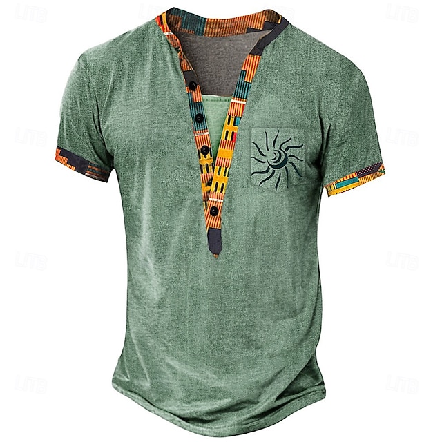  男性用 グラフィック トライバル エスニック Tシャツ ヘンリーシャツ 半袖 デザイナー ベーシック エスニック アウトドア カジュアル 日常 夏 ライトグリーン ライトブラウン カーキ色 ヘンリー ヘンリーTシャツ