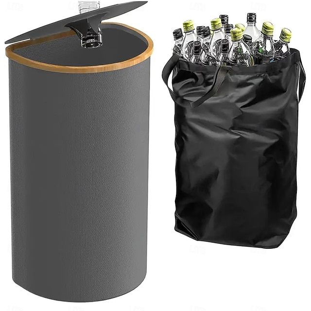  Recycling Bin for Kitchen Indoor Home, 100L D-Shaped Foldable Trash Can with Bamboo Frame, Oxford Fabric, Removable Polyester Inner Bags, 5 Rod Support, Ideal Waste Sorter for Bedroom Dorm Hotel