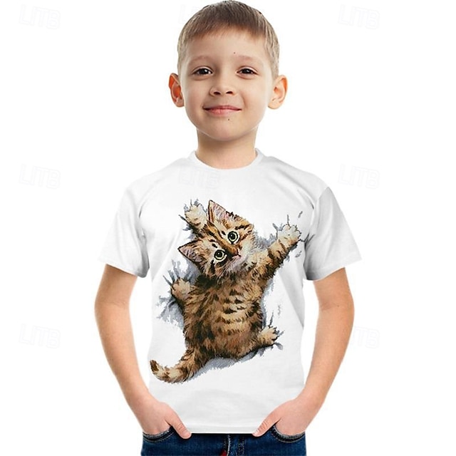  Dla chłopców 3D Kot Podkoszulek T-shirt Krótki rękaw Lato Wiosna Moda Podstawowy Dzieci 4-12 lat Półgolf Na zewnątrz Codzienny Regularny