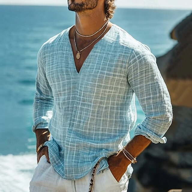 Men's Shirt Linen Shirt Popover Shirt Summer Shirt Beach Wear Plaid Vacation Street Blue Long Sleeve V Neck Summer Spring Clothing Apparel4