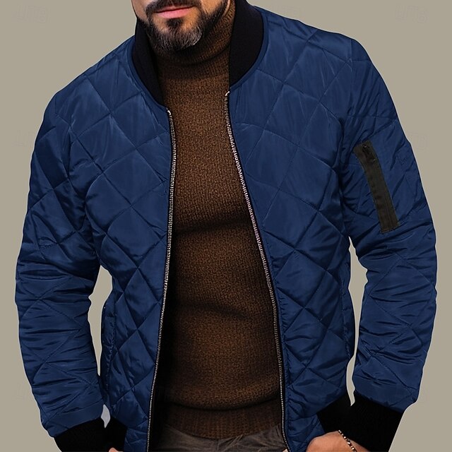 Men's Quilted Jacket Transition Jacket Going out Pocket Spring & Fall Plain Streetwear Standing Collar Regular Black Wine Blue Red Army Green Jacket 17