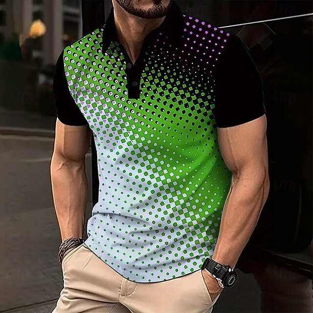Men's Geometic Polo Short Sleeve Polo Shirts Collared Shirts Business Casual Outdoor Daily Wear 3D Print Summer Green4