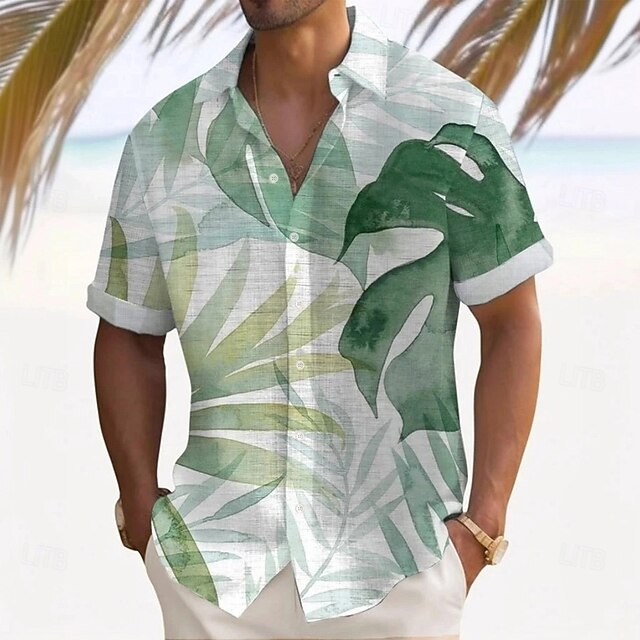 Men's Palm Leaf Tropical Plants Summer Hawaiian Shirt Button Up Shirt Aloha Shirt Short Sleeve Hawaiian Resort Vacation Holiday Beach Wear Summer Spring Turndown 3D Print Linen Like Shirt White4