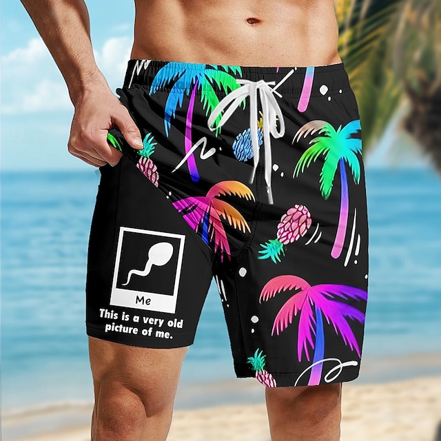  Men's Coconut Tree Funny Tadpole Lined Shorts 2 in 1 Board Shorts Swim Shorts Mid Waist Hawaiian Holiday Side Pockets With Compression Liner Elastic Drawstring Waist Designer Clothing Apparel
