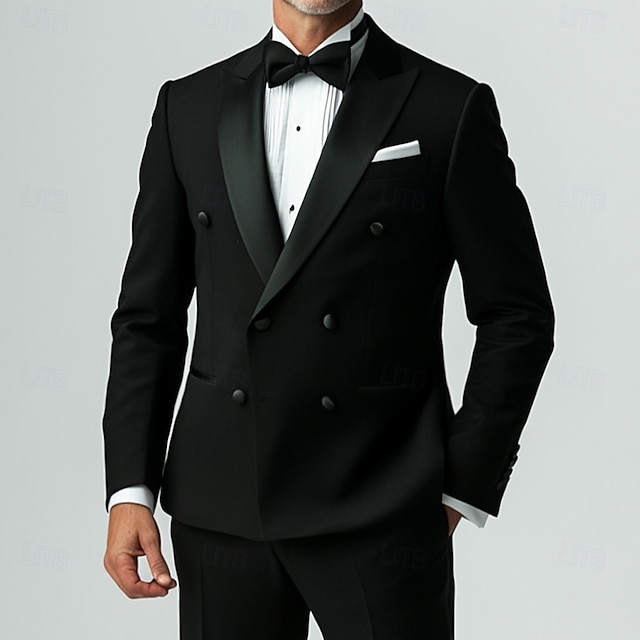  Herredresser med svart slips, smokinger, formell, ensfarget, standard passform, 2-delt, dobbeltspent, seks knapper