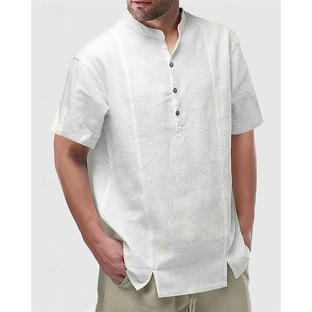 Men's Shirt Popover Shirt Summer Shirt Casual Shirt Beach Shirt Black White Yellow Short Sleeve Plain Band Collar Vacation Hawaiian Buttons Clothing Apparel Polyester Fashion Casual Comfortable4
