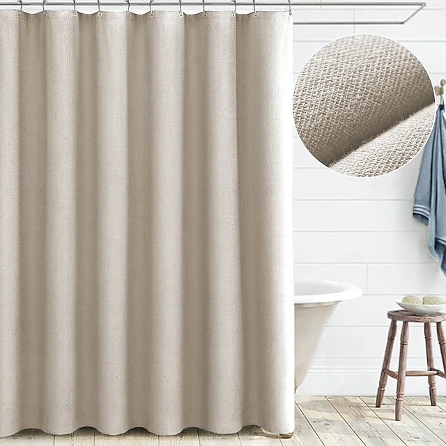 Linen Feel Shower Curtain with 12 Hooks Beige Boho Farmhouse Shower Curtains for Bathroom Natural Cloth Cotton Fabric Liner 18