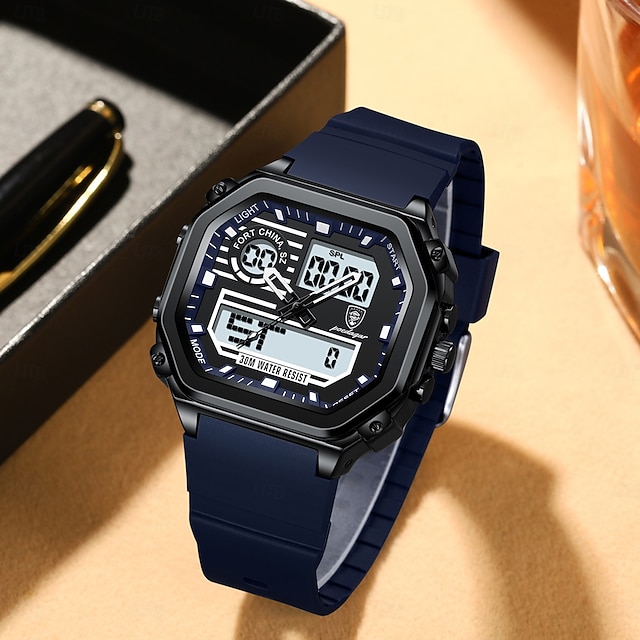  Relógio esportivo digital masculino à prova d'água com display LED quadrado, hora dupla, semana e data, pulseira de silicone, relógio de pulso casual