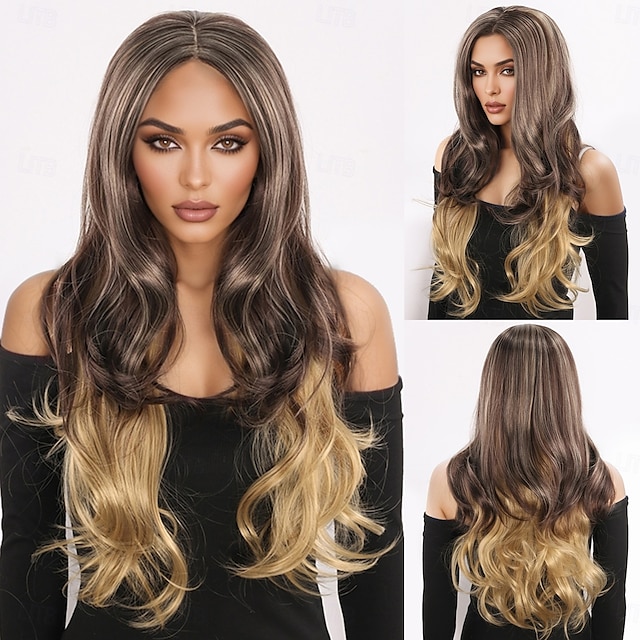  Perruque synthétique ondulée à coupe dégradée avec frange, 28 pouces, cheveux synthétiques A1, couleur classique et confortable pour femme