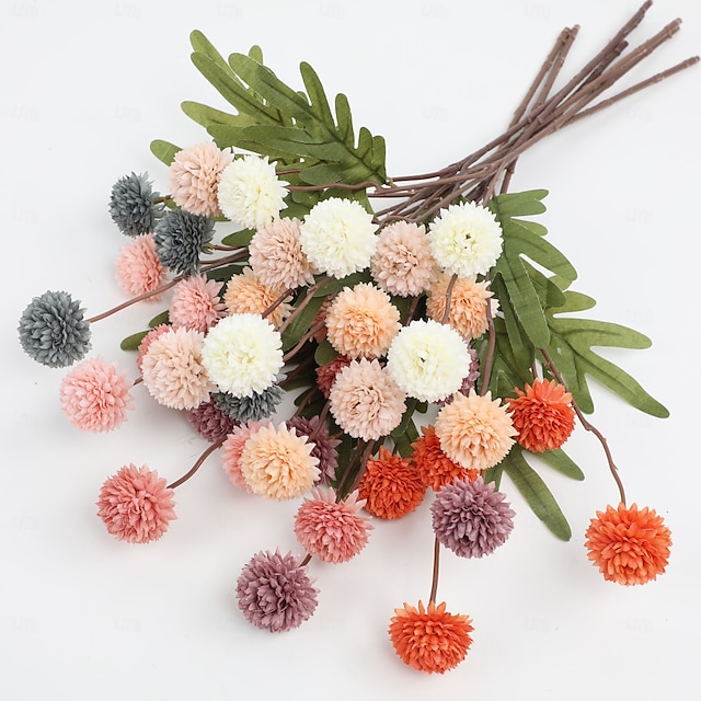  1 maço de flores de dente-de-leão simuladas com 5 flores de bola de pingue-pongue, flor artificial de plástico de galho único para decoração de casamento, adereço interno, arranjo floral artificial