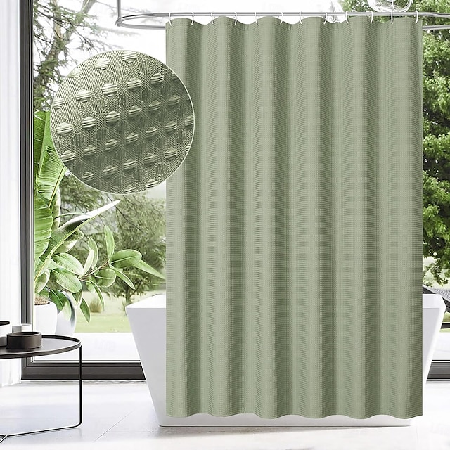 Fabric Shower Curtain Waffle Textured Heavy Duty Cloth Curtains for Bathroom, Hotel Spa Luxury Weighted Polyester Bath Curtain Set with 12 Plastic Hooks 14