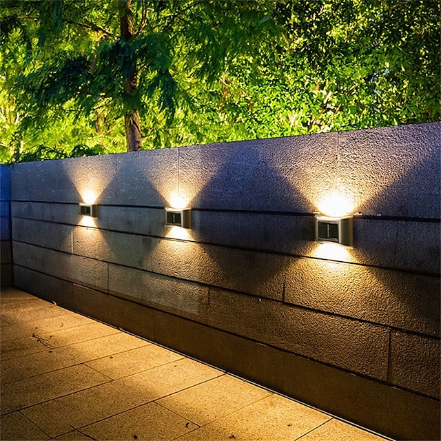  Luminária de parede solar externa de aço inoxidável 6led, à prova d'água, para varanda, pátio, pátio, cerca, decoração noturna, fácil instalação, decoração de jardim, luminária de parede solar externa