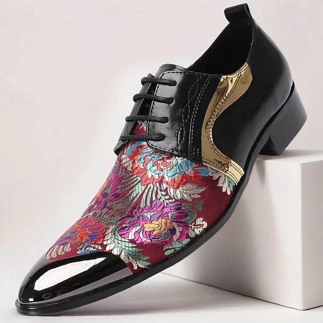  Κόκκινα και Μωβ Δερμάτινα Oxford Shoes με Λουράκι σε Χρυσή Μύτη και Σχέδιο–Κομψά Μοντέρνα Ιδανικά για Επίσημες Περίστασεις και Πάρτι