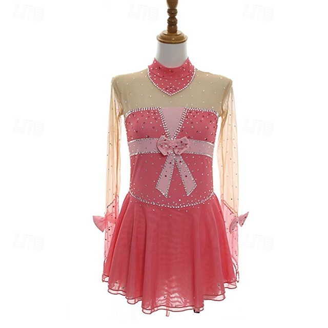  Abito da pattinaggio artistico Per donna Ragazze Pattinaggio sul ghiaccio Vestito Rosso rosa Patchwork Foro per il pollice Rete Spandex Elasticizzato Allenamento Professionale Competizione Vestiti da